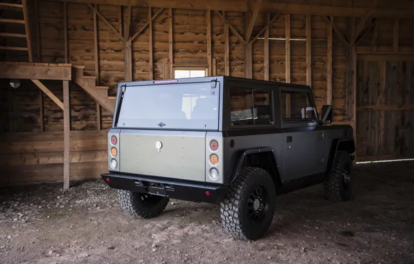 Picture the barn, SUV, rear view, the room, electric, Bollinger, B1 Electric Truck