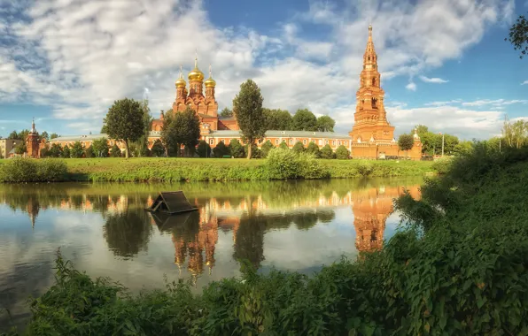 Pond, reflection, Church, temple, Russia, the monastery, the bell tower, Sergiev Posad