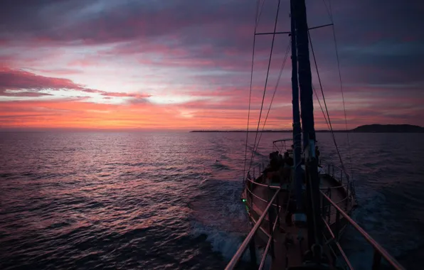 Sea, sunset, the way, movement, coast, sailboat, the evening, the crew