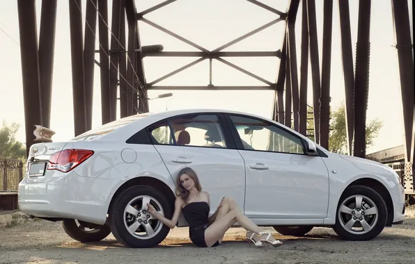 Picture look, girl, bridge, Girls, Chevrolet, white car