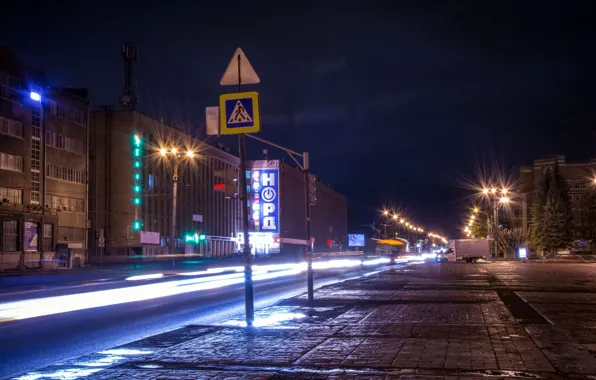 Picture road, machine, night, lights, sign, Ekaterinburg, Uralmash