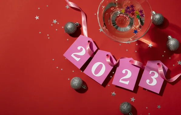 Balls, holiday, wine, glass, figures, tape, New year, pink