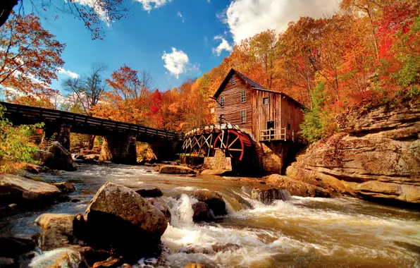 Picture autumn, the sky, clouds, nature, river, stones, stream, water mill