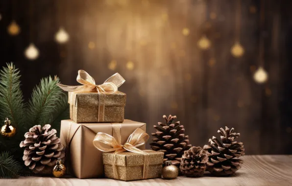 Balls, branches, tree, Board, Christmas, gifts, New year, needles