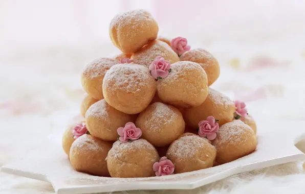 Sweets, donuts, cream, dessert, delicious, roses, 1920x1200, powdered sugar