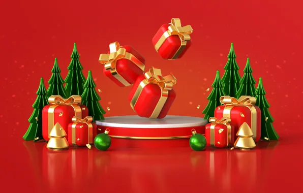 Decoration, rendering, background, tree, Christmas, gifts, New year, red