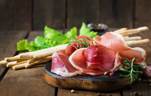 Greens, Board, sticks, meat, stand, bokeh, cutting, lettuce