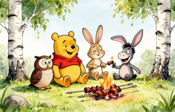 Picture rabbit, winnie pooh, owl, barbecue, donkey