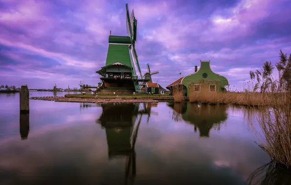 House, channel, Netherlands, windmill, The Zaanse Schans