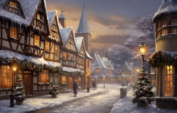 Winter, snow, the city, house, building, home, Christmas, New year
