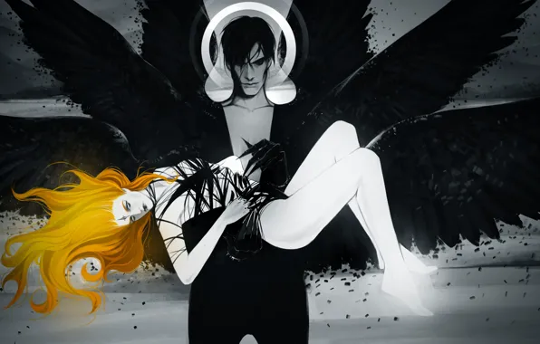 Picture girl, fiction, wings, angel, art, blonde, Monochrom