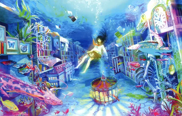 Water, fish, bubbles, books, sleep, corals, giraffe, girl