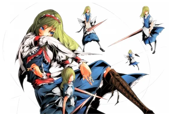 Boots, spear, bow, long hair, touhou, apron, lacing, ruffles