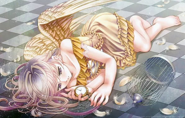 Picture girl, watch, angel, cell, feathers