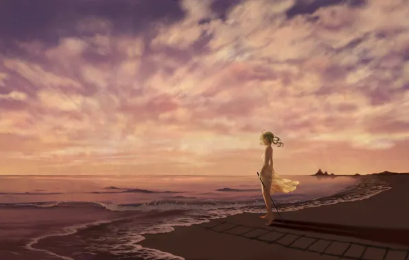 Picture sand, sea, girl, clouds, landscape, figure, ladder, vocaloid