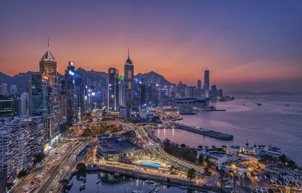 Sunset, building, home, Hong Kong, Bay, night city, skyscrapers, Hong Kong