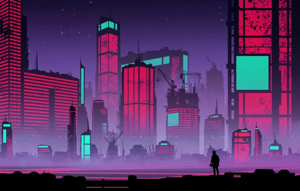 Night, The city, People, Silhouette, Skyscrapers, Landscape, Architecture, Kvacm