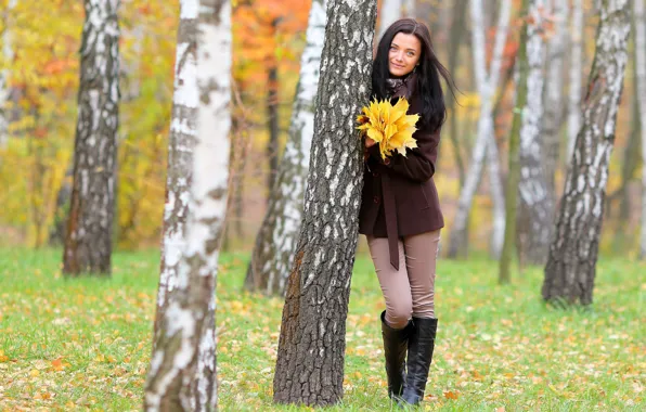 Autumn, leaves, girl, trees, a bunch