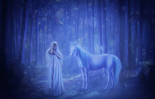 Forest, girl, unicorn, virgin, fantasy
