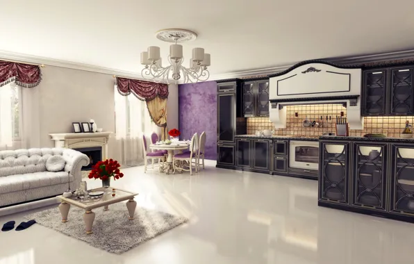 Design, table, sofa, furniture, Villa, interior, kitchen, curtains