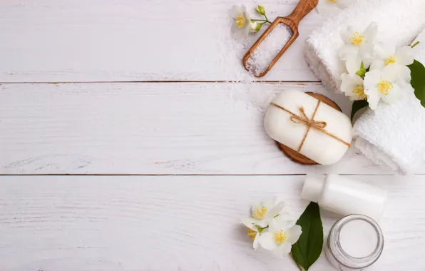 Picture flowers, stones, towel, soap, Spa, Jasmine, sea salt
