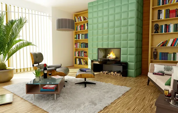 Design, room, interior, carpet, chair, fireplace, table, shelves