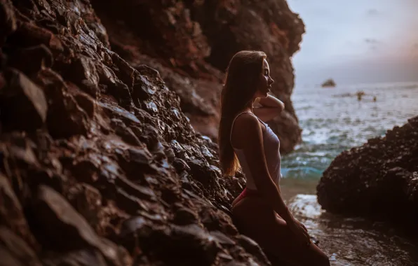 Sea, beach, sexy, stones, rocks, model, body, panties