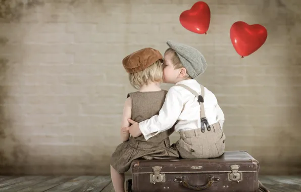 Children, kiss, boy, girl, hearts