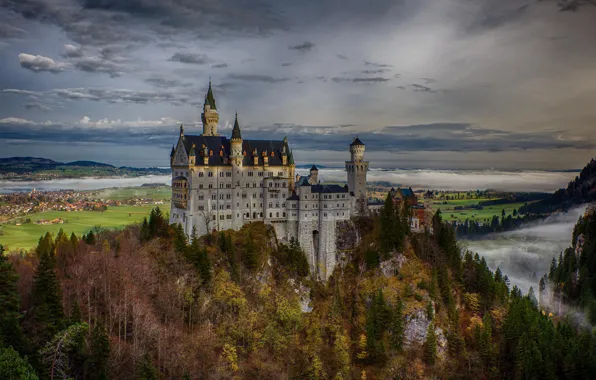 Autumn, forest, rock, Germany, Bayern, Germany, Bavaria, Neuschwanstein Castle