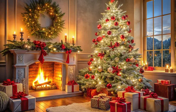Room, Christmas, gifts, New year, fireplace, herringbone, wreath, box