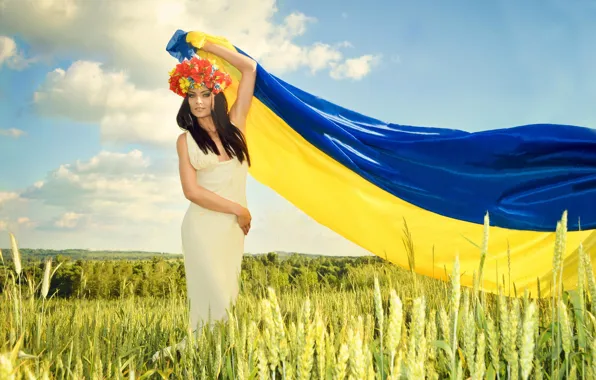 Picture field, the sky, grass, clouds, blue, yellow, dress, flag