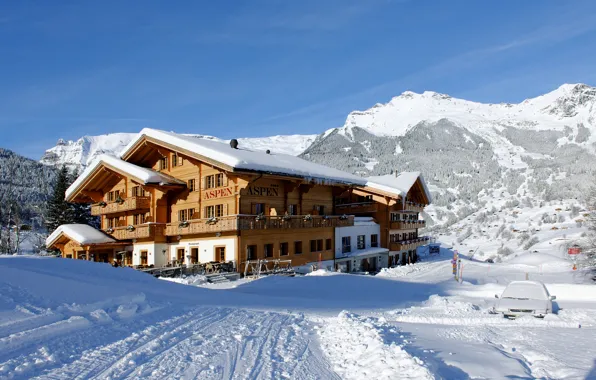 Winter, forest, snow, mountains, house, Switzerland, the hotel, resort