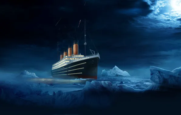 Water, Clouds, Night, Liner, Iceberg, Titanic, The ship, The end