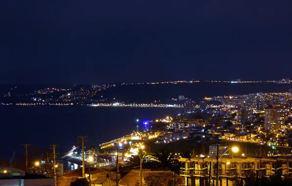 Sea, night, lights, coast, home, port, lights, Chile