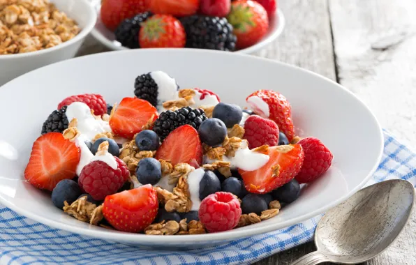 Raspberry, Breakfast, blueberries, strawberry, BlackBerry, cereal, yogurt