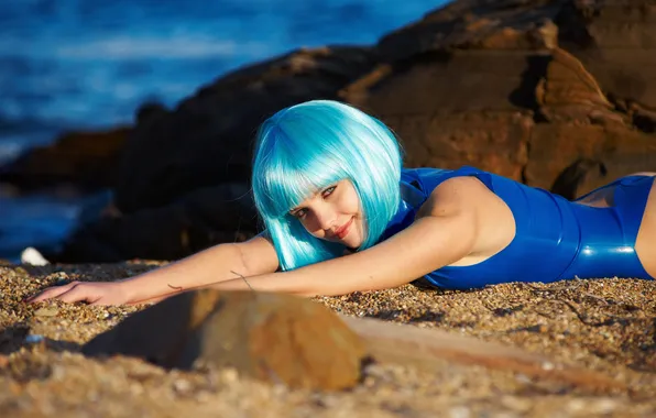 Picture sand, sea, beach, look, girl, smile, stones, wig