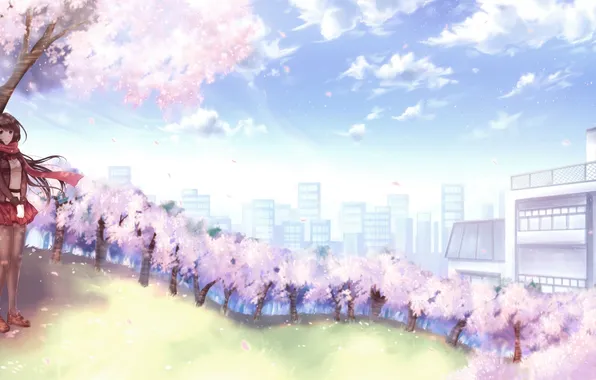 The sky, girl, clouds, trees, the city, smile, home, anime