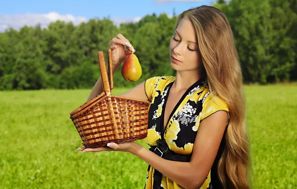 Greens, summer, girl, clouds, dress, blonde, basket, pear
