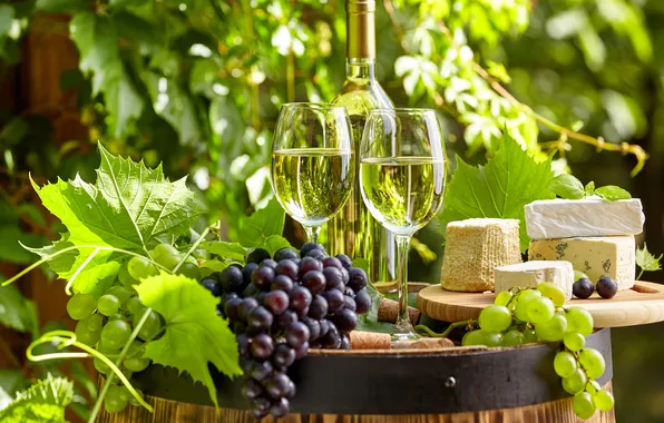 Greens, leaves, wine, bottle, cheese, garden, glasses, grapes
