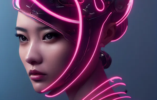 Picture girl, face, background, neon, Asian, cyberpunk