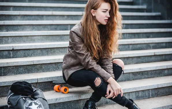 Picture girl, face, hair, profile, steps, sitting