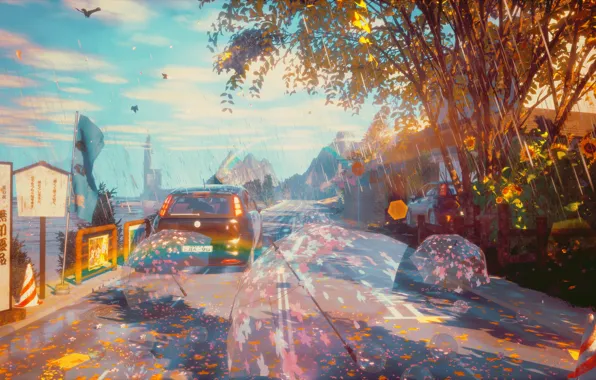 Sea, auto, autumn, the sky, sunflowers, rain, road, seagulls