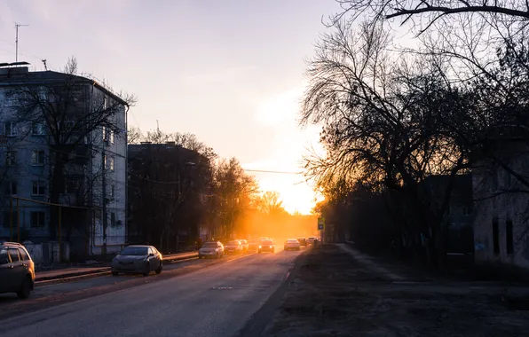 Road, light, sunset, machine, the city, building, home, Russia