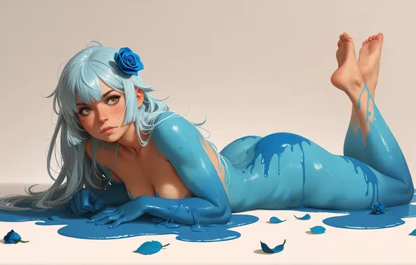Paint, barefoot, blue hair, lying, digital art, digital art, AI art, Stability AI