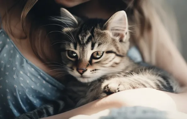 Cat, chest, cat, look, girl, light, kitty, hair