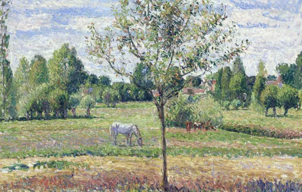 Landscape, nature, picture, Camille Pissarro, Horse on the Meadow. Cloudy. Eragny