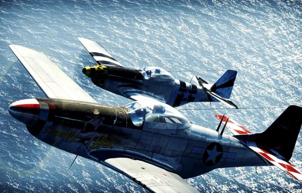 Sea, wave, the sky, fighters, pair, the reflection, WW2, American