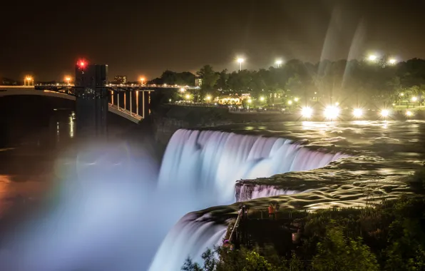 Trees, night, bridge, lights, river, rocks, waterfall, home