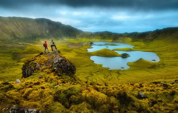 Mountains, rock, lake, people, shore, stone, the slopes, view
