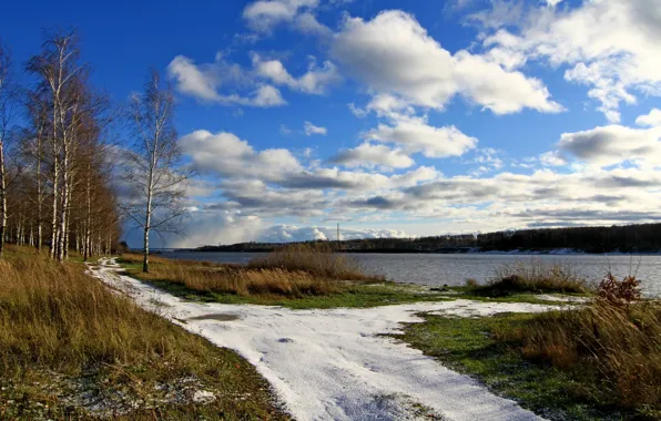 Picture the sky, grass, clouds, snow, river, spring, birch, Volga